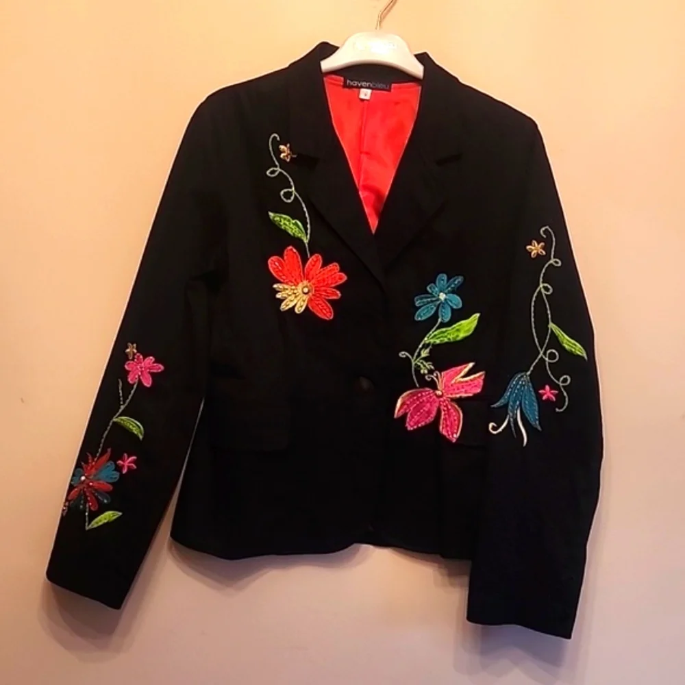 Black embroided, beaded floral jacket size M - Picture 2 of 4